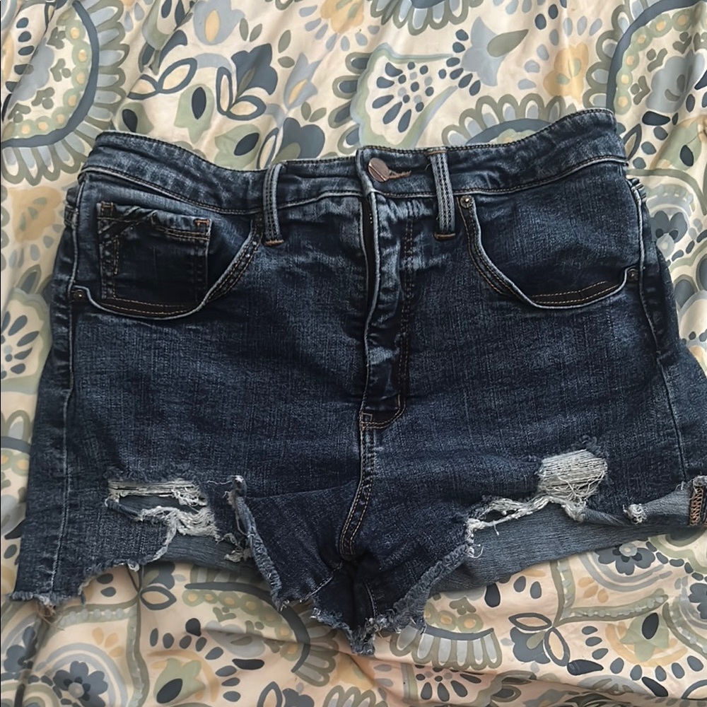 Buckle Dark Blue Distressed Jean Shorts